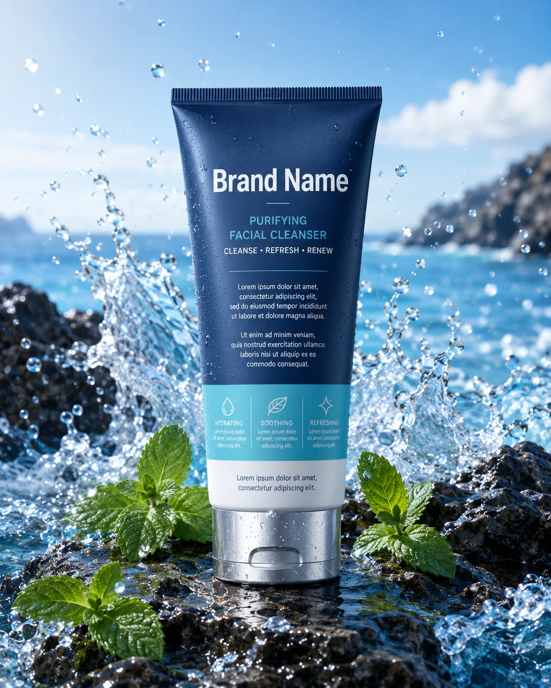 skincare cleanser tube on wet rocks with ocean water splashes and mint leaves.