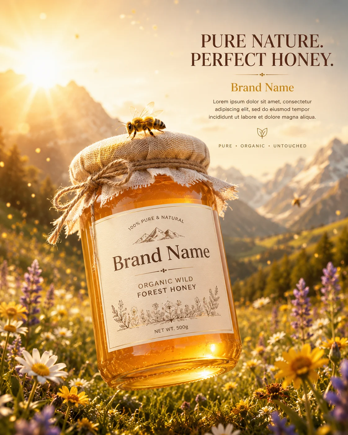 Luxury organic honey jar with honeybee in golden sunrise meadow.