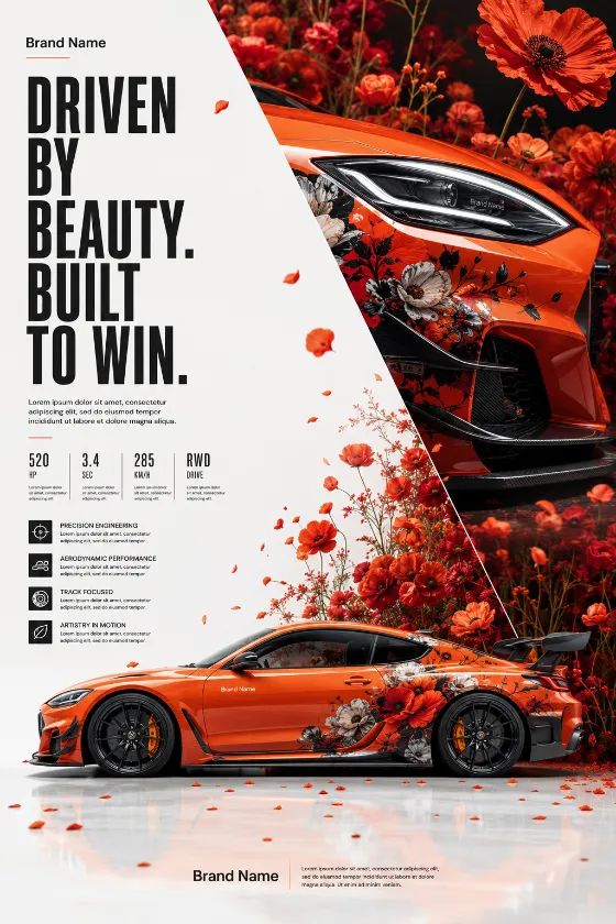 Premium automotive campaign featuring an orange performance coupe surrounded by crimson florals on a reflective studio floor with a close-up headlight detail.