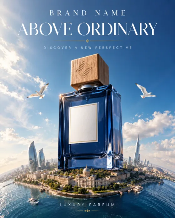 Luxury deep-blue perfume bottle rising above a miniature coastal city beneath a bright blue sky.