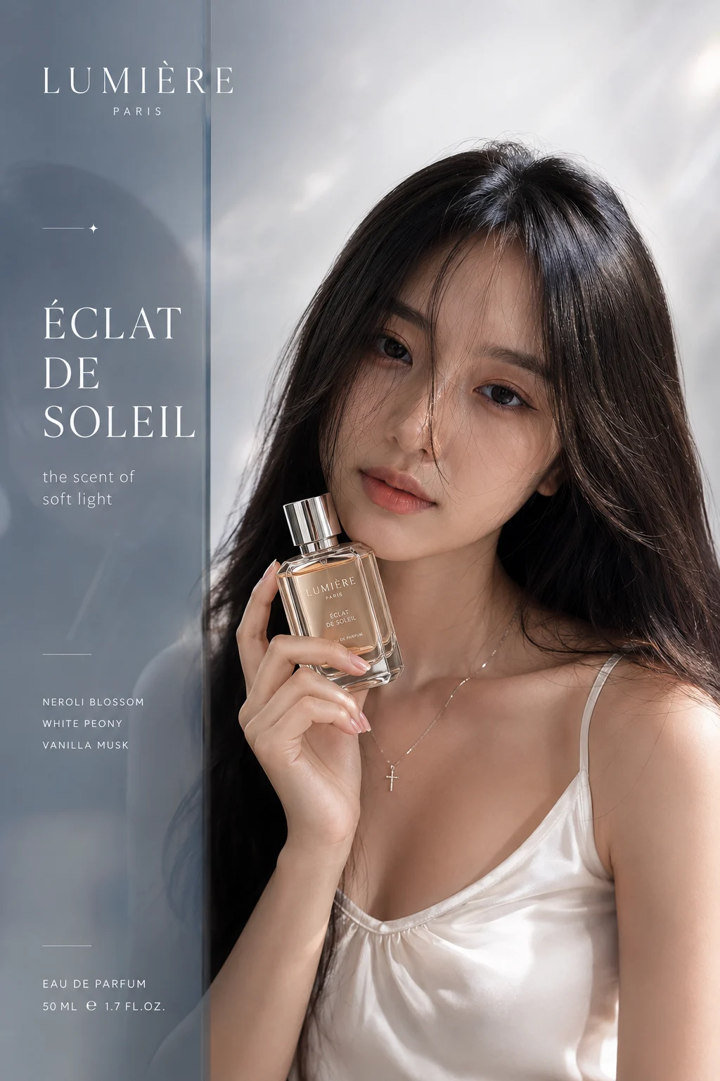 poster typography, product ad, fashion portrait, woman, studio, shown with poster-style visual styling.