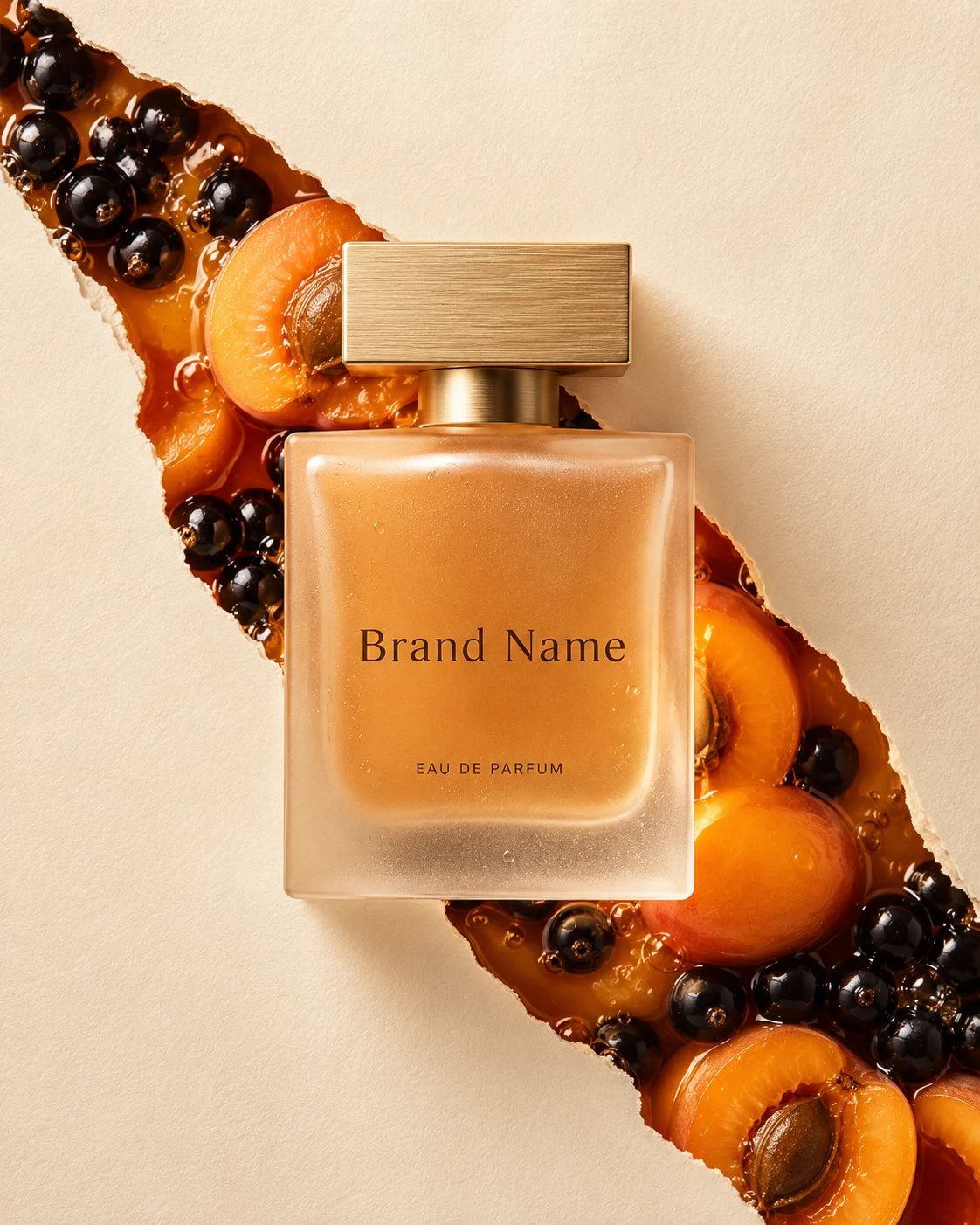 Elegant luxury perfume bottle with gold cap, fresh apricots, and blackcurrants on a warm ivory background.