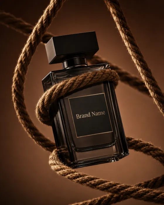 Premium perfume bottle wrapped with braided ropes in a minimalist luxury studio setting.