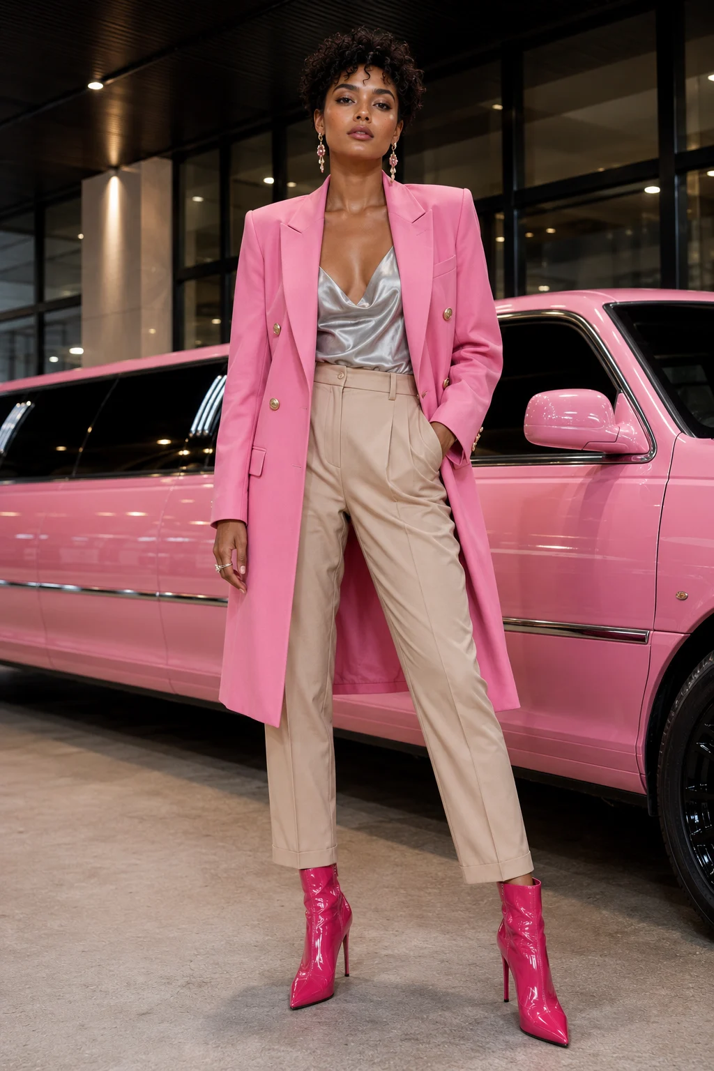 Full-body editorial fashion image of a young Afro-European woman in pink tailoring and hot-pink boots standing beside a pink limousine.