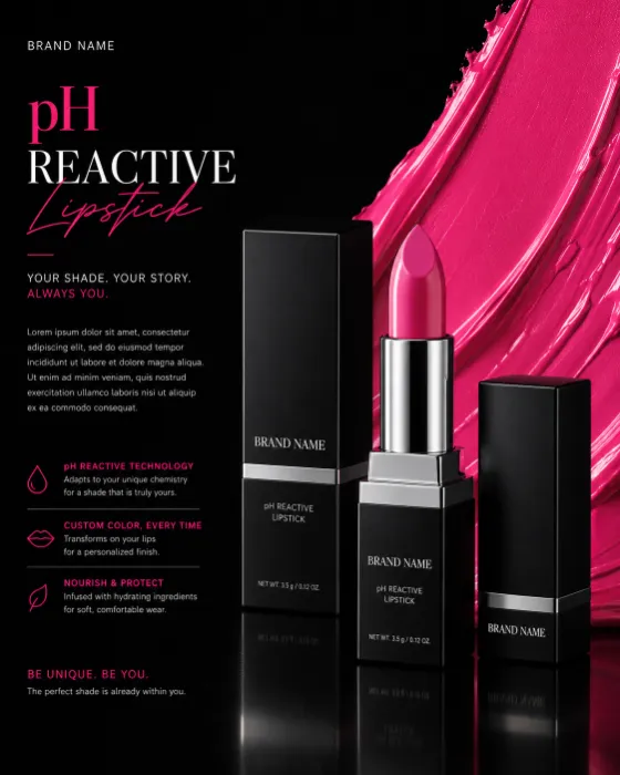 A luxury pH-reactive lipstick ad with a glossy fuchsia smear, black background, and silver accents.