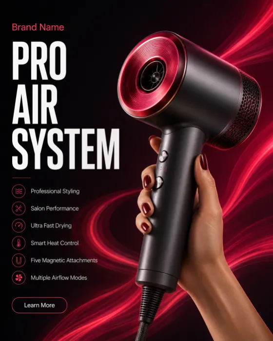 Original premium professional hair dryer in satin graphite titanium held by a hand, with dark studio and red light trails, editorial callouts.
