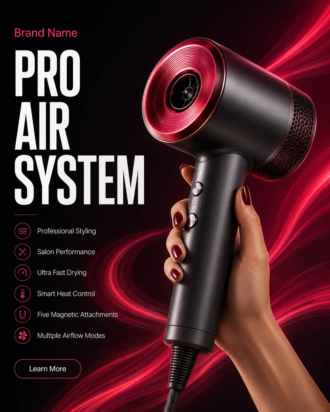 Original premium professional hair dryer in satin graphite titanium held by a hand, with dark studio and red light trails, editorial callouts.