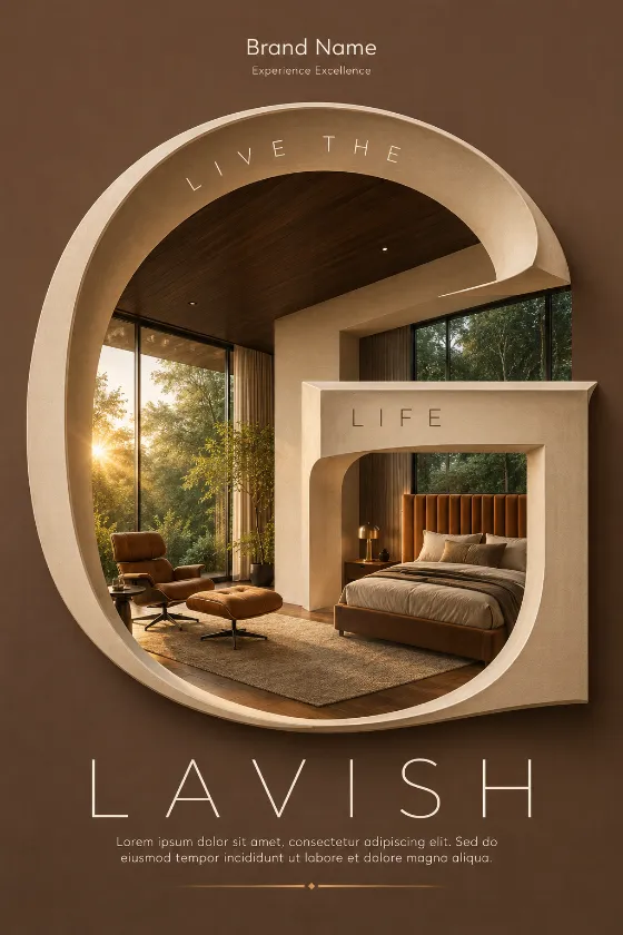 Luxury residential poster with sculptural G, bedroom interior and warm woodland light.