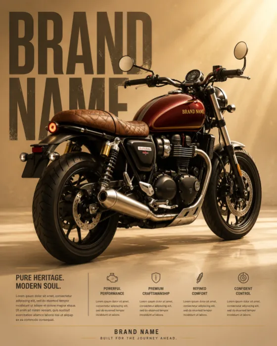 Luxury automotive poster featuring a burgundy retro motorcycle with brown leather seat and chrome exhaust in a warm studio setting with editorial typography.