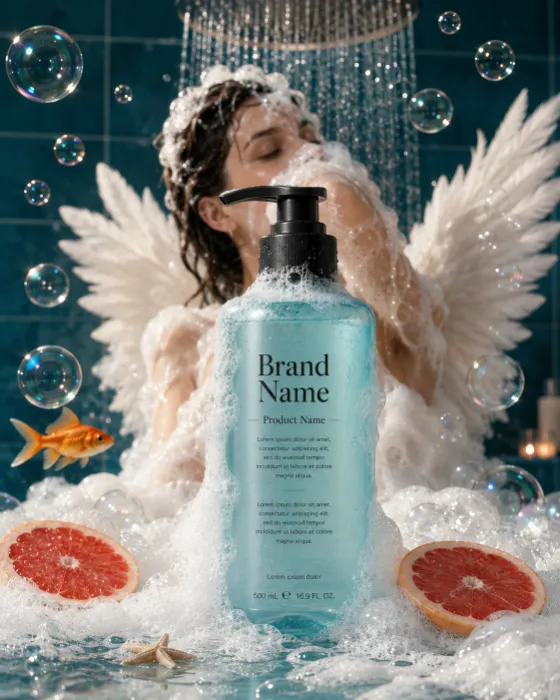 Luxury shower gel bottle with foam and bubbles in a teal-tiled spa shower, with a soft-focus model and decorative elements.