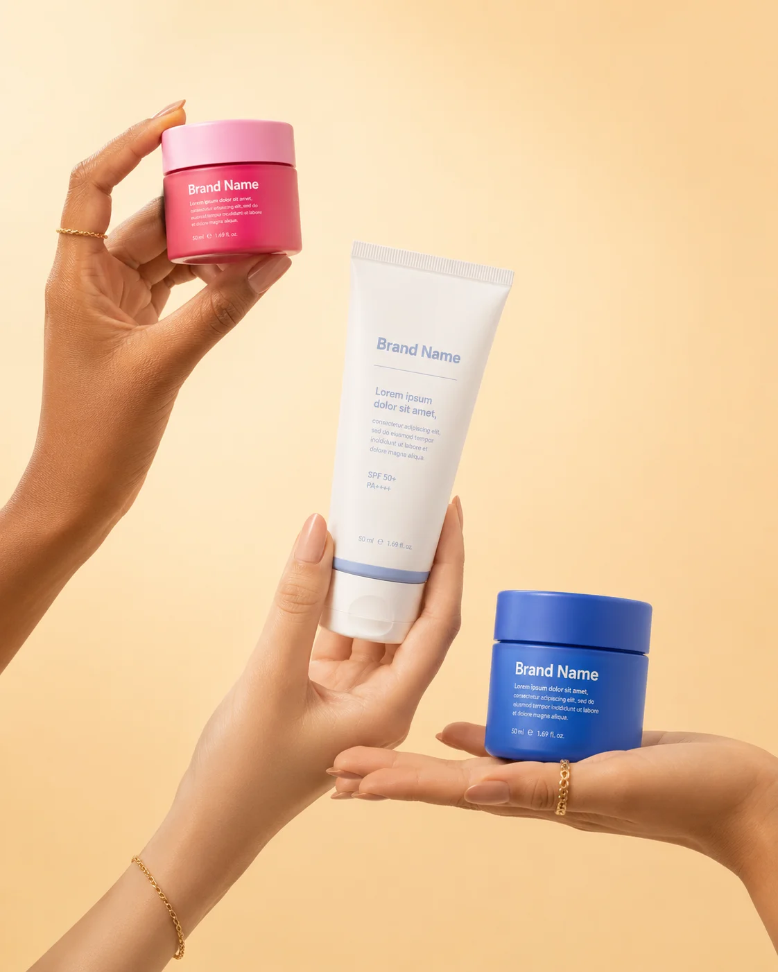 Luxury cosmetic products elegantly presented by graceful hands against a warm minimalist studio background.