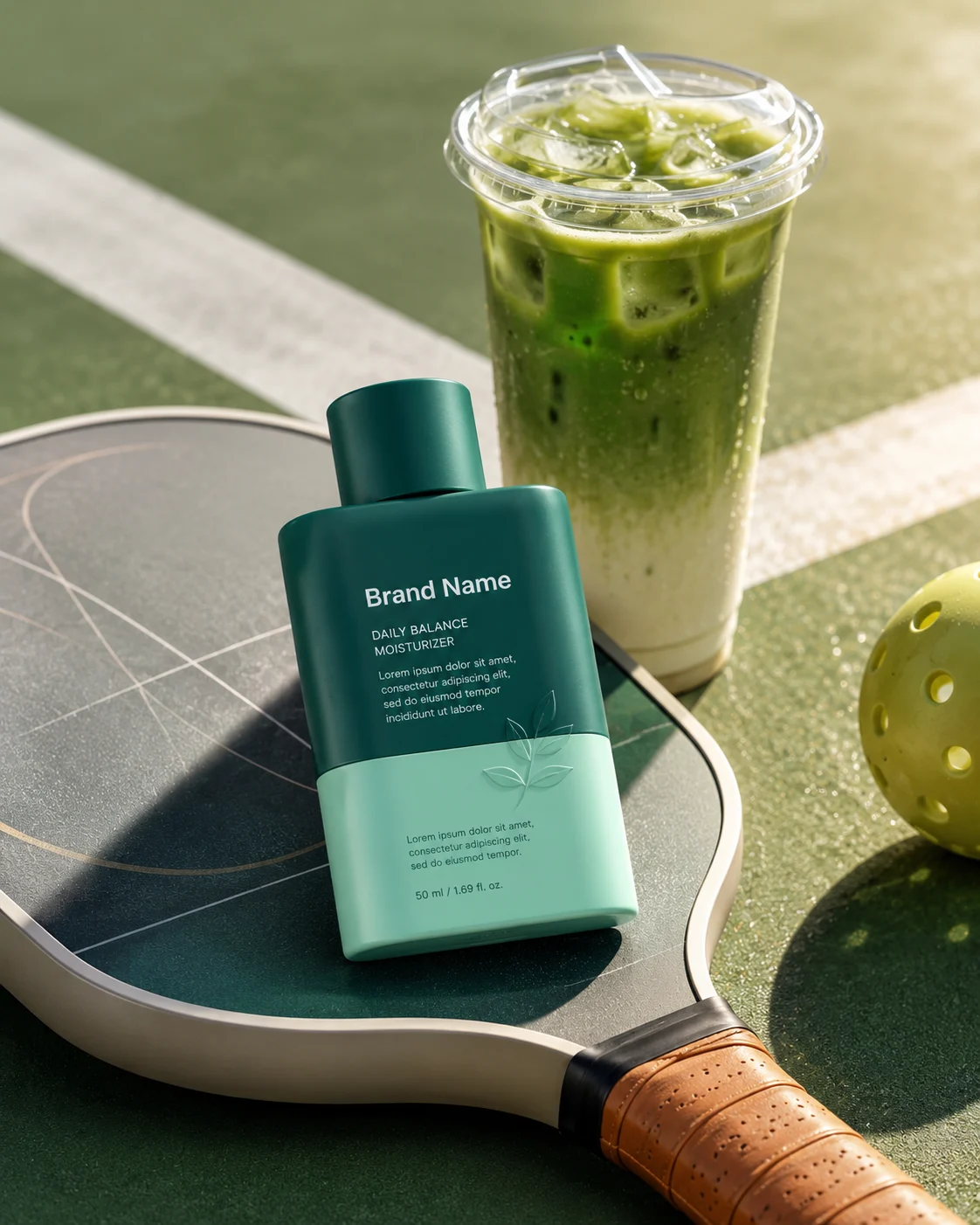 Premium skincare bottle with iced matcha on a pickleball paddle under golden sunlight.