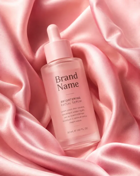 Luxury serum bottle resting on flowing blush pink silk with soft studio lighting.