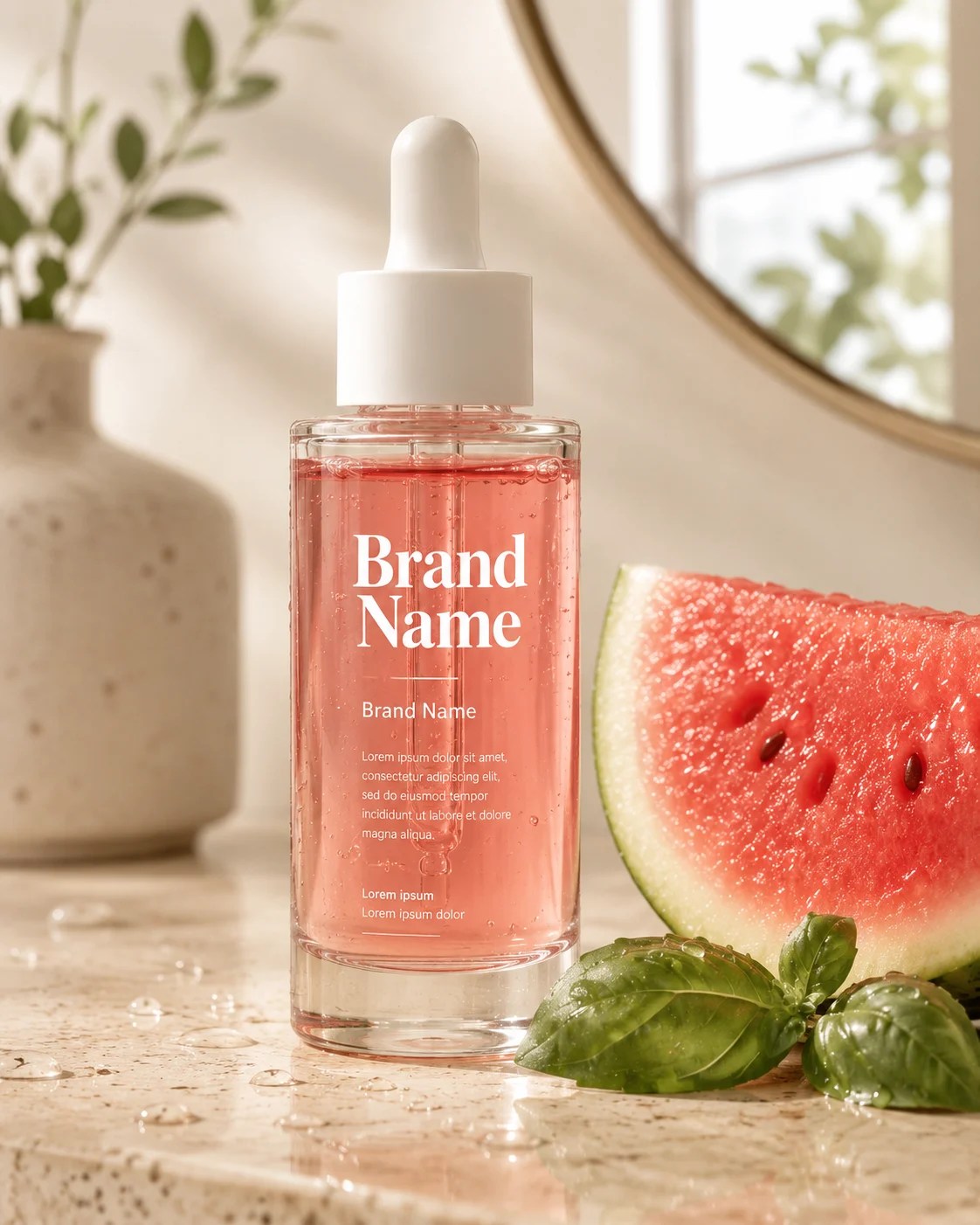 Luxury skincare serum bottle with watermelon and basil on a stone countertop.