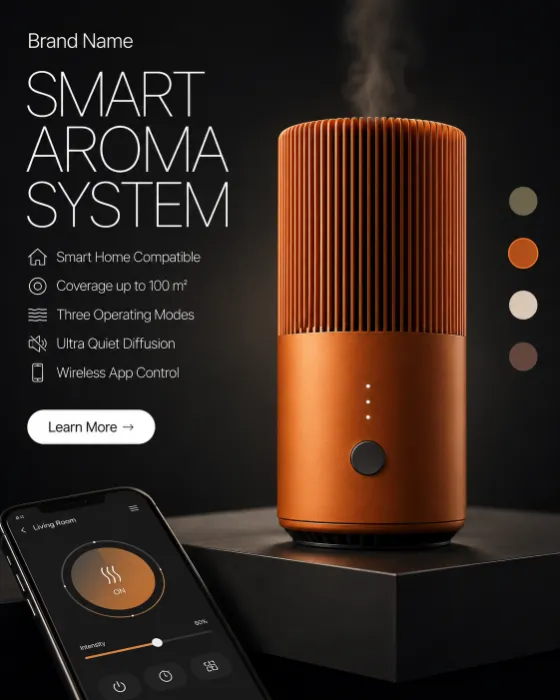 Luxury smart aroma diffuser hero render with premium editorial layout and architectural presentation.