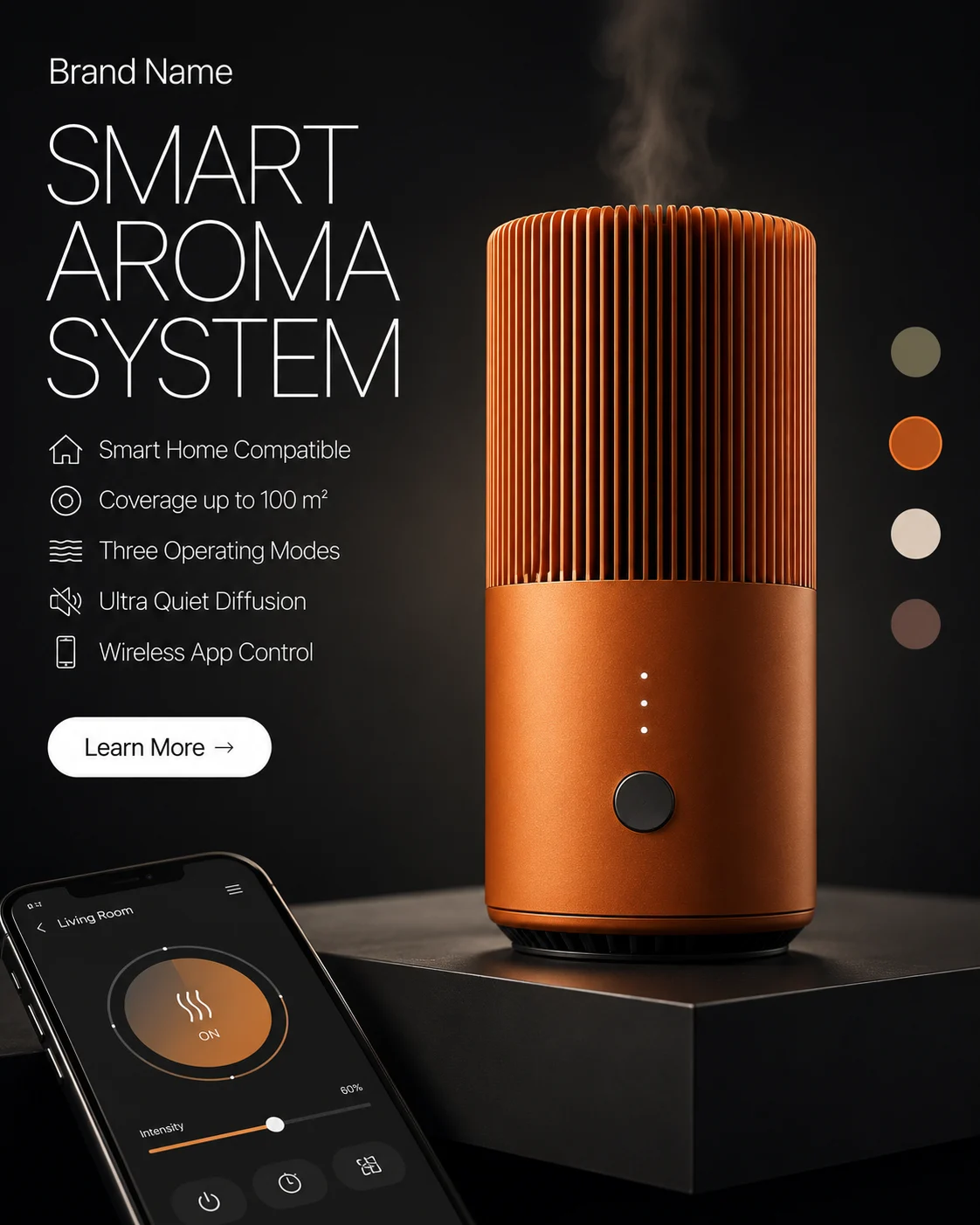 Luxury smart aroma diffuser hero render with premium editorial layout and architectural presentation.