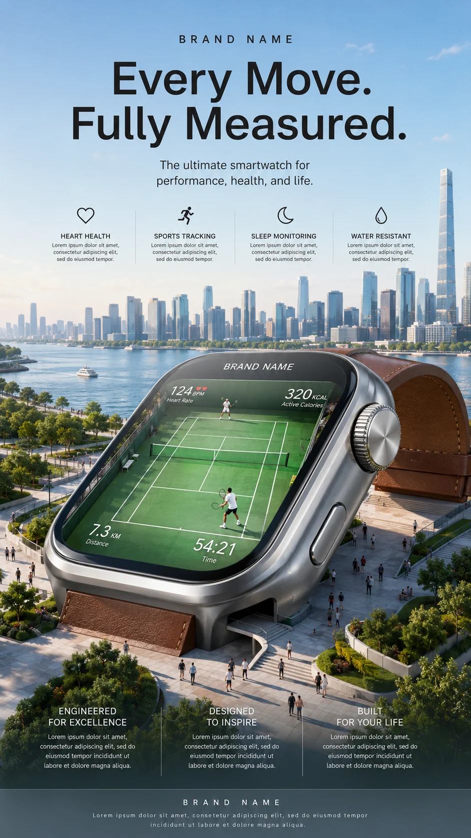 Large smartwatch with tennis court on screen in waterfront city park, architectural product visualization.