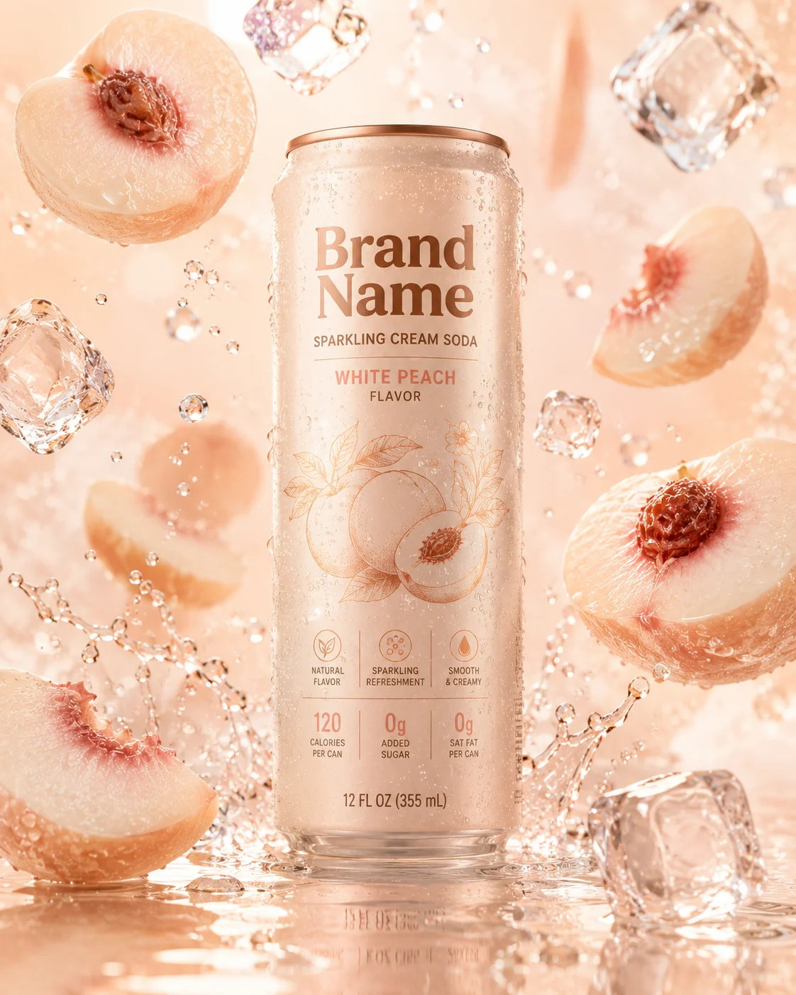 Luxury sparkling peach beverage with floating fruit and crystal-clear ice in premium commercial photography.