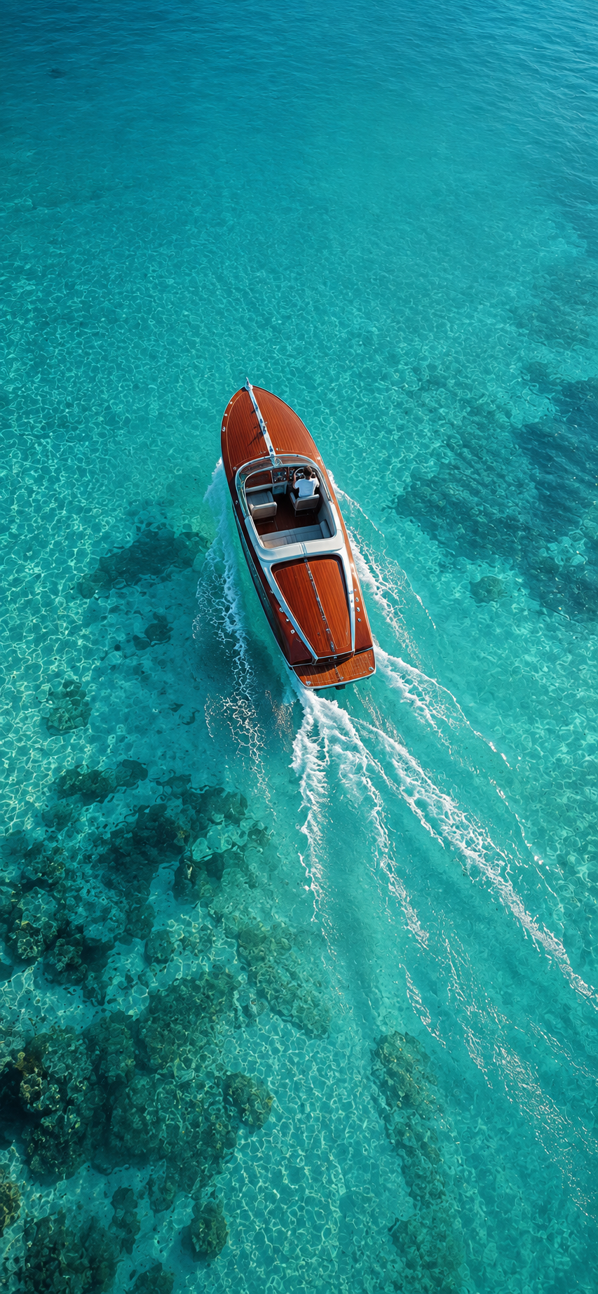 Aerial view of a luxury wooden speedboat traveling across clear turquoise tropical water.