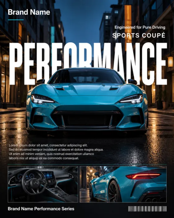 Editorial automotive poster featuring a luxury sports coupe on a blue-hour city street with oversized typography and inset images.