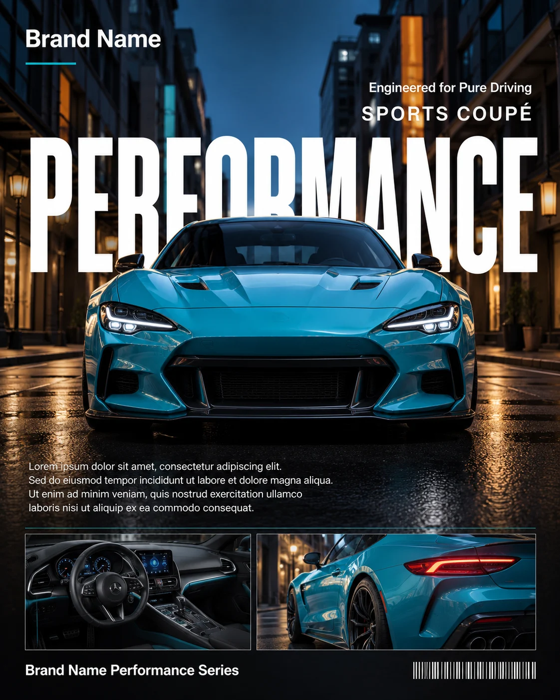 Editorial automotive poster featuring a luxury sports coupe on a blue-hour city street with oversized typography and inset images.