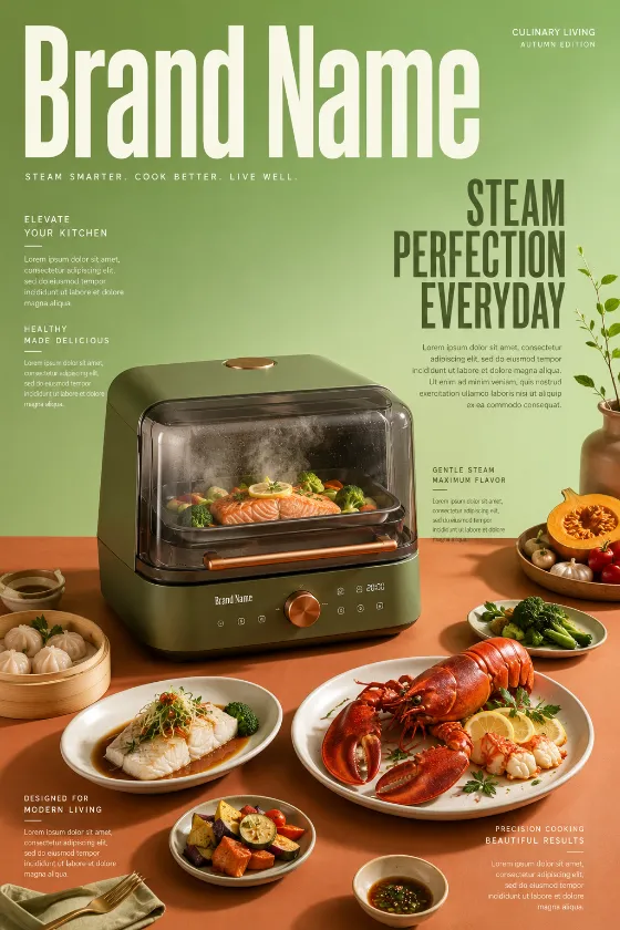 Editorial magazine layout featuring a premium countertop steam oven surrounded by gourmet dishes on a warm tabletop.