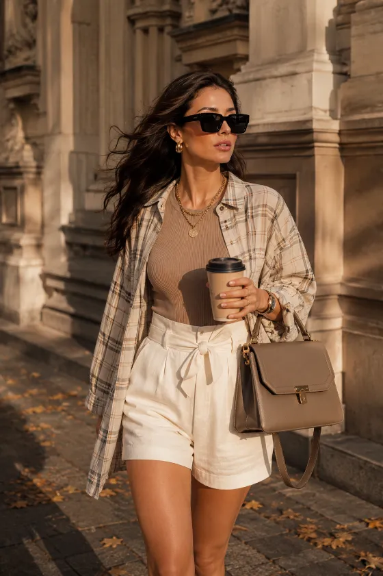 Fashion subject in beige plaid, taupe knit, and ivory linen walking through stone architecture in warm afternoon light.