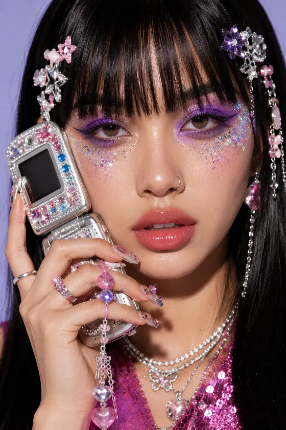 Luxury editorial beauty portrait with jeweled flip phone, glitter makeup, and crystal accessories.