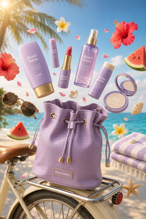 Luxury lavender cosmetic bag with floating beauty products on a beach with bicycle and tropical flowers.