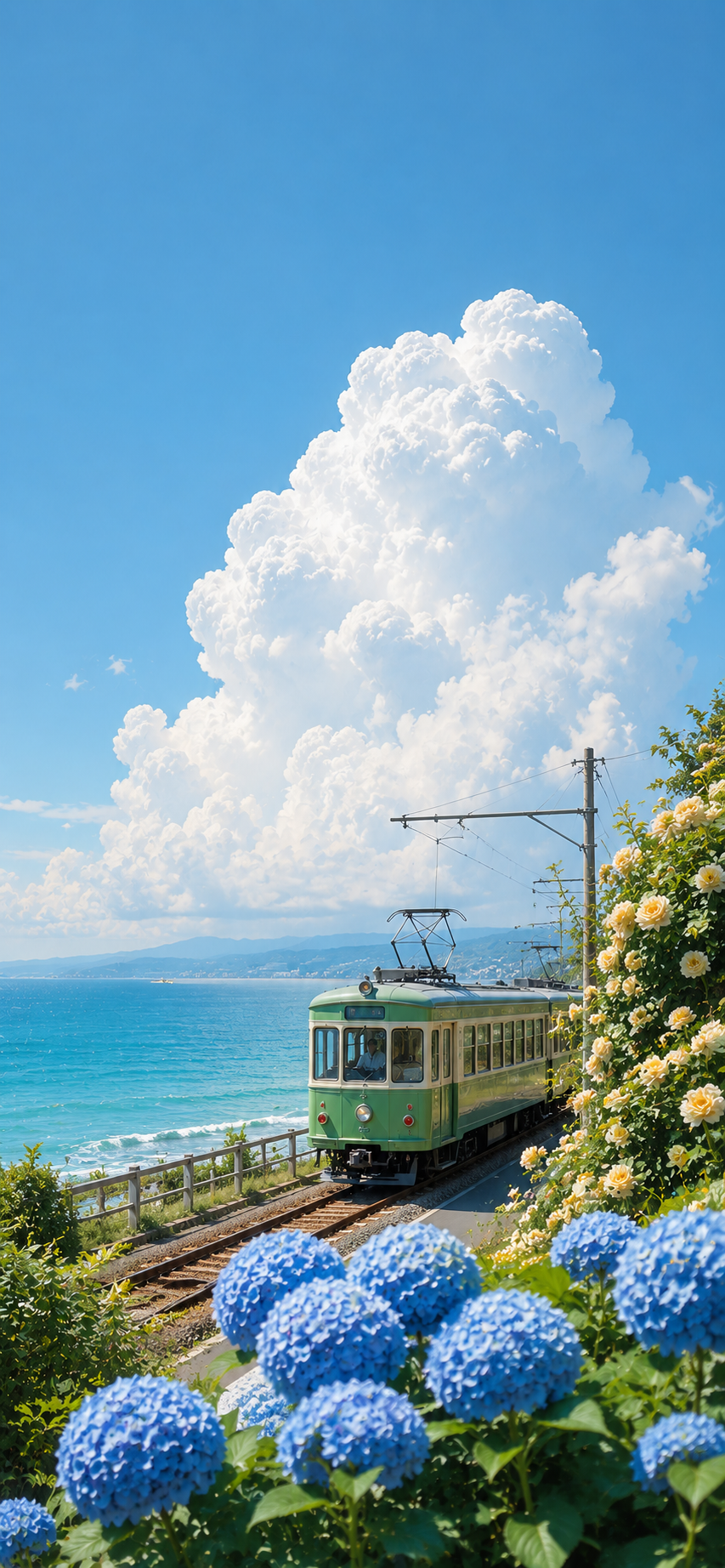 Vintage seaside tram beside a turquoise ocean beneath a towering white summer cloud with colorful flowers in the foreground.
