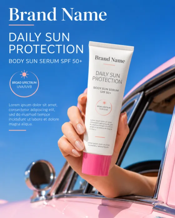 Luxury sunscreen body serum held from a pastel pink vintage vehicle beneath a vivid blue summer sky.