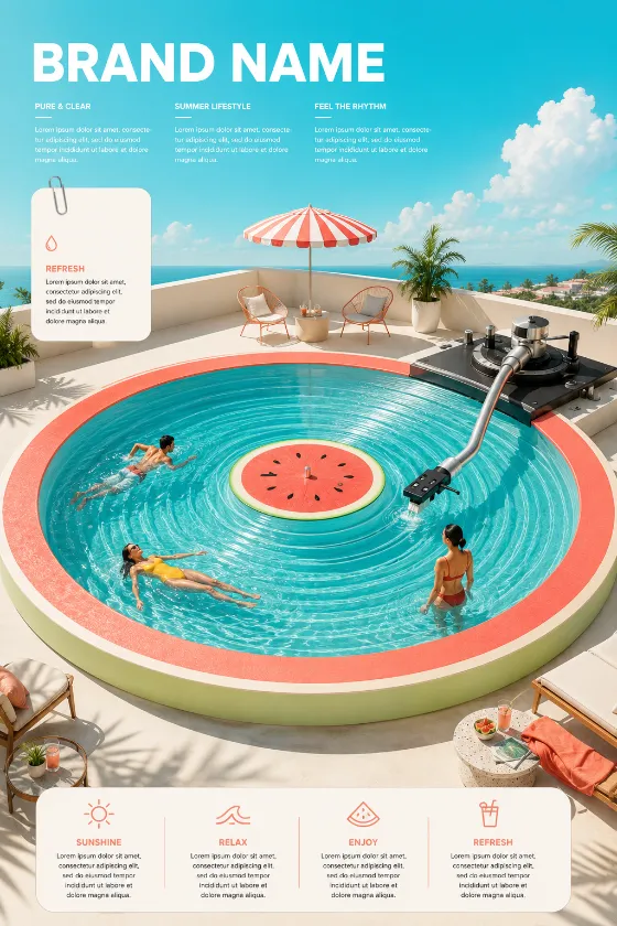 Surreal rooftop vinyl record swimming pool with watermelon center and turntable tonearm, luxury summer atmosphere.