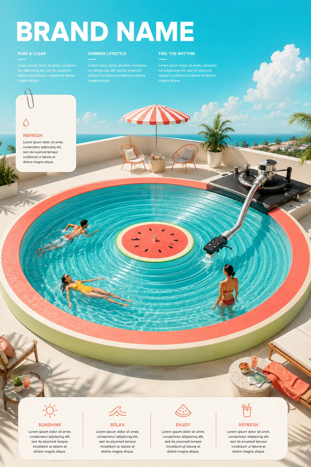 Surreal rooftop vinyl record swimming pool with watermelon center and turntable tonearm, luxury summer atmosphere.