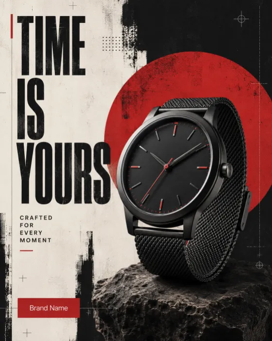 Luxury titanium wristwatch on a volcanic stone pedestal with bold Swiss editorial and red circular graphic.