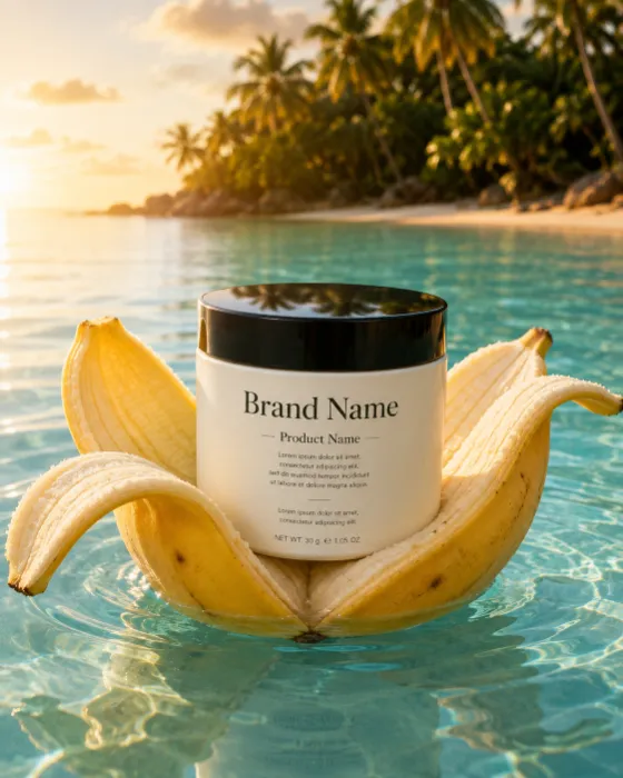 Luxury powder container in a banana floating on turquoise water with palm trees at sunset.