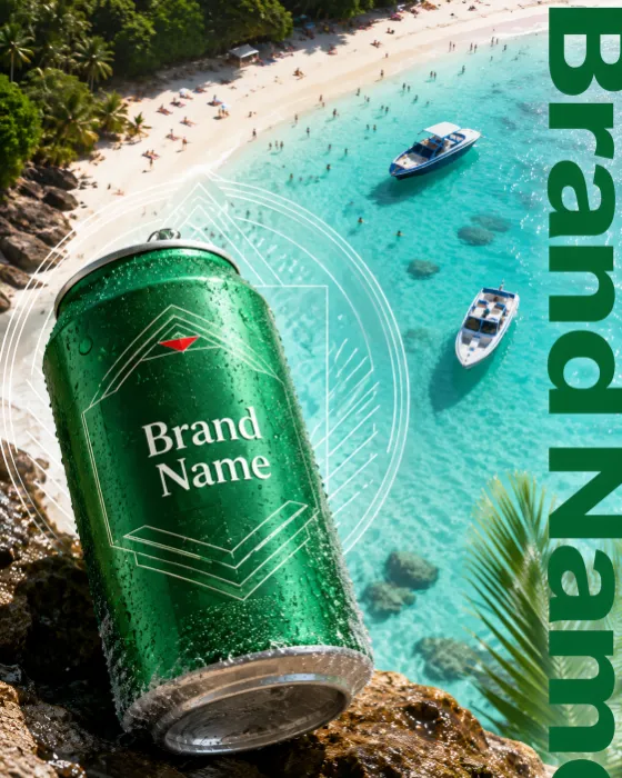 Luxury chilled beverage can with tropical beach background in premium commercial photography.