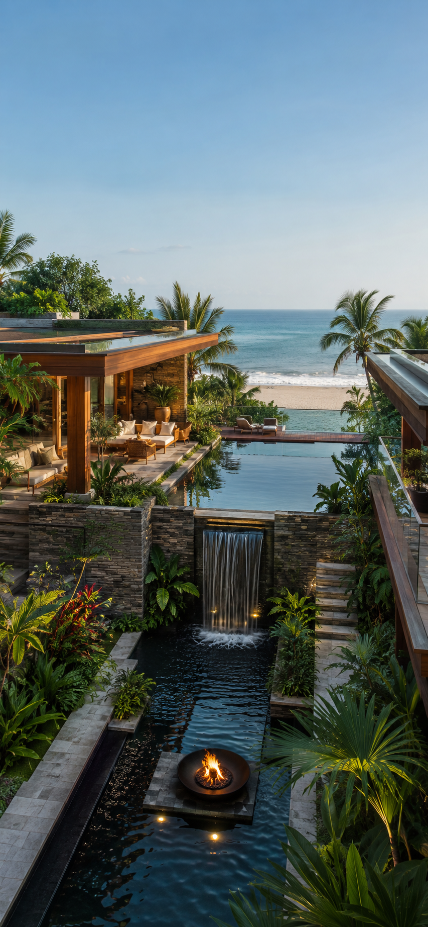 Modern tropical villa courtyard with reflective pools, waterfall, lush plants, warm wood, stone walls, glass, and ocean beyond.