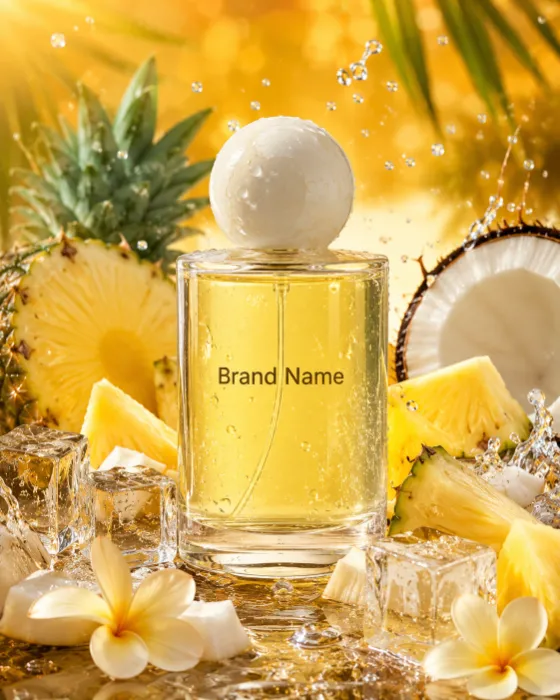 Luxury perfume bottle with pineapple, coconut, flowers, and ice in bright tropical light.