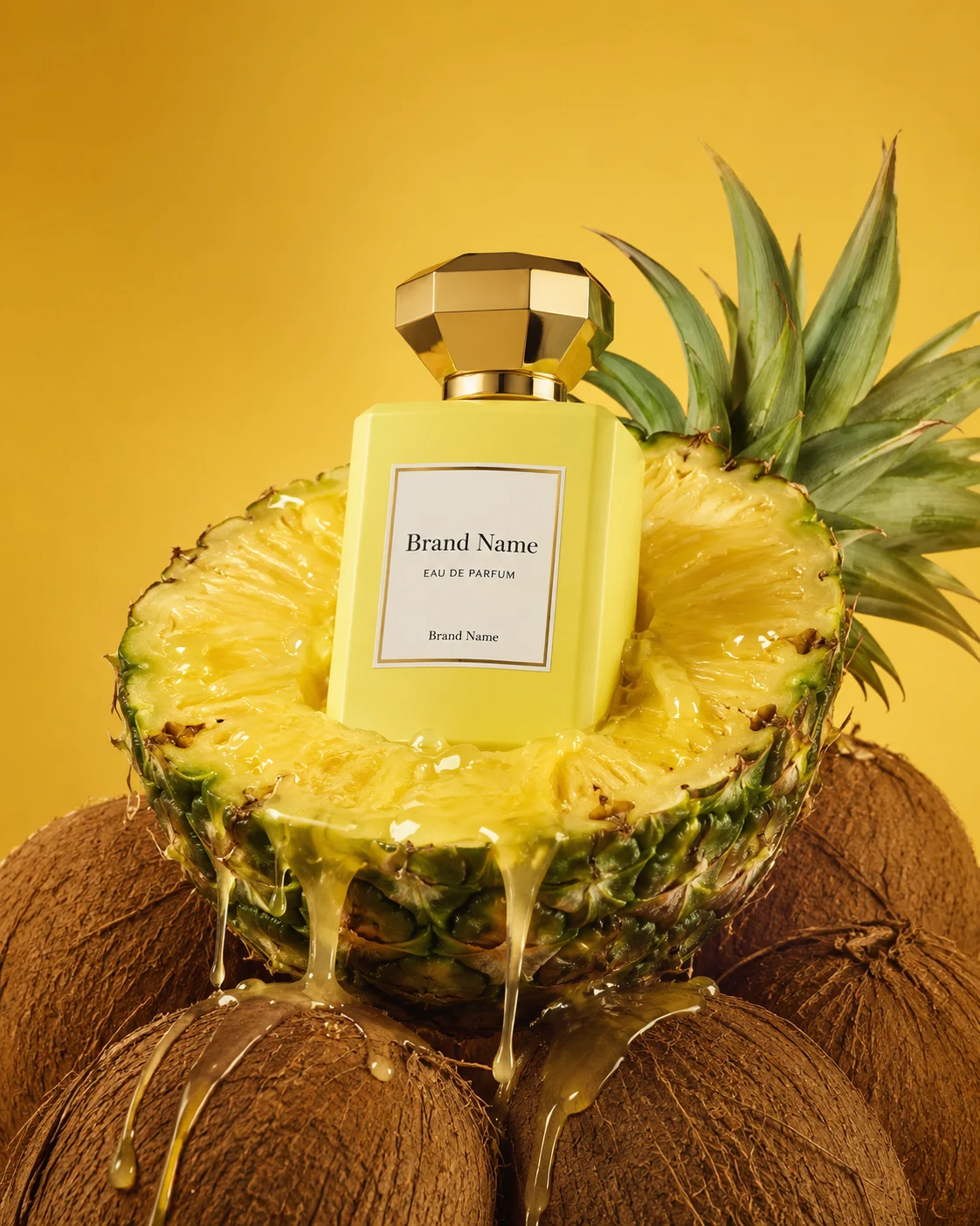 Luxury perfume bottle in a pineapple with flowing juice on a golden studio background.