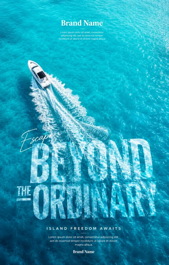 Aerial view of a speedboat on turquoise water with typography, luxury travel poster.