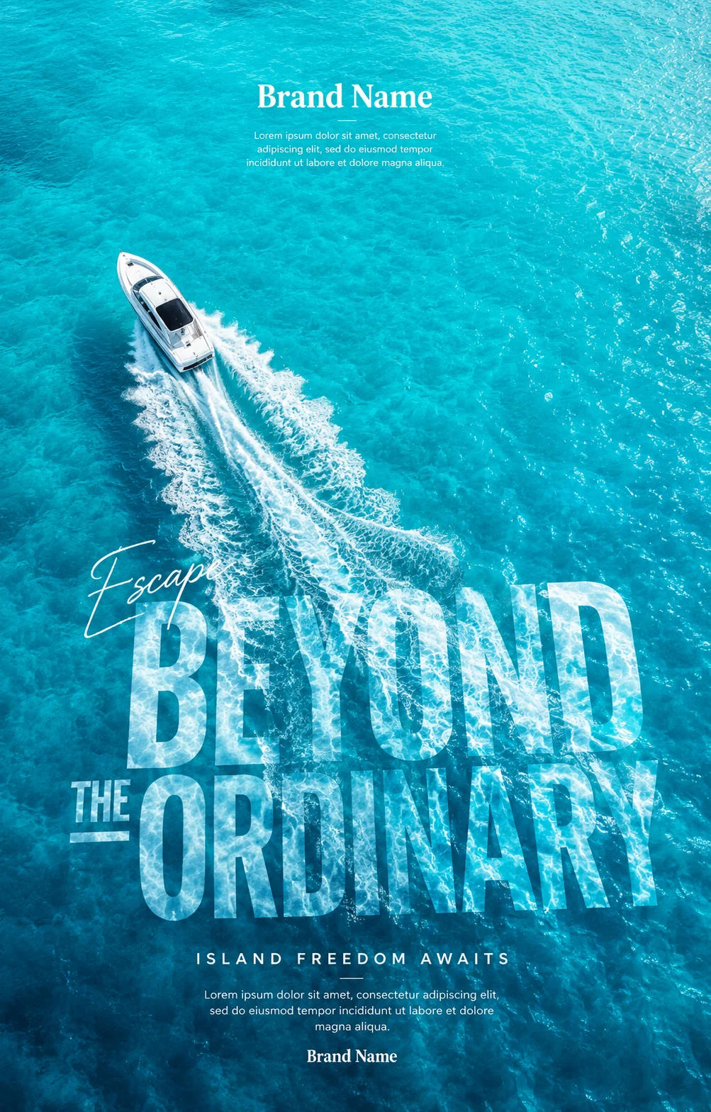 Aerial view of a speedboat on turquoise water with typography, luxury travel poster.