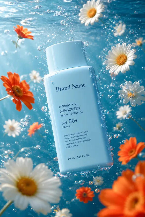 Light-blue sunscreen bottle floating underwater with white and orange flowers and air bubbles, luxury skincare product image.