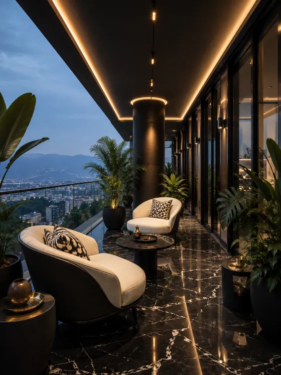 Luxury urban balcony lounge with cream chairs, black marble floor, tropical plants, warm lighting, and city views.