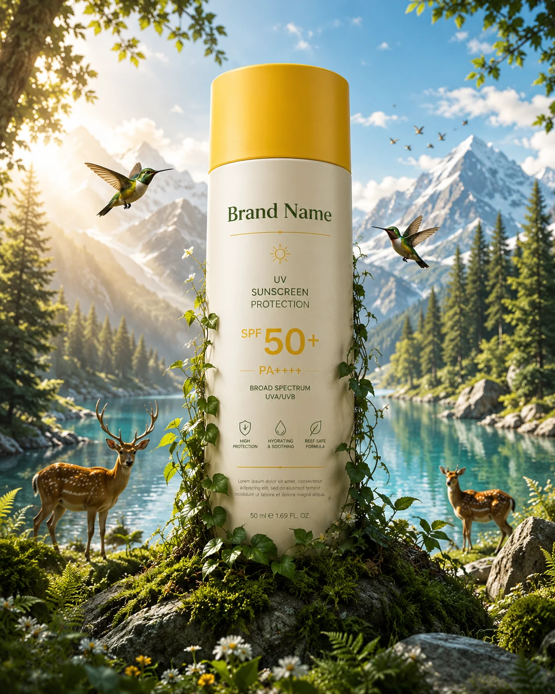 A large luxury sunscreen bottle in a pristine alpine lake scene with mountains, forest, and wildlife.