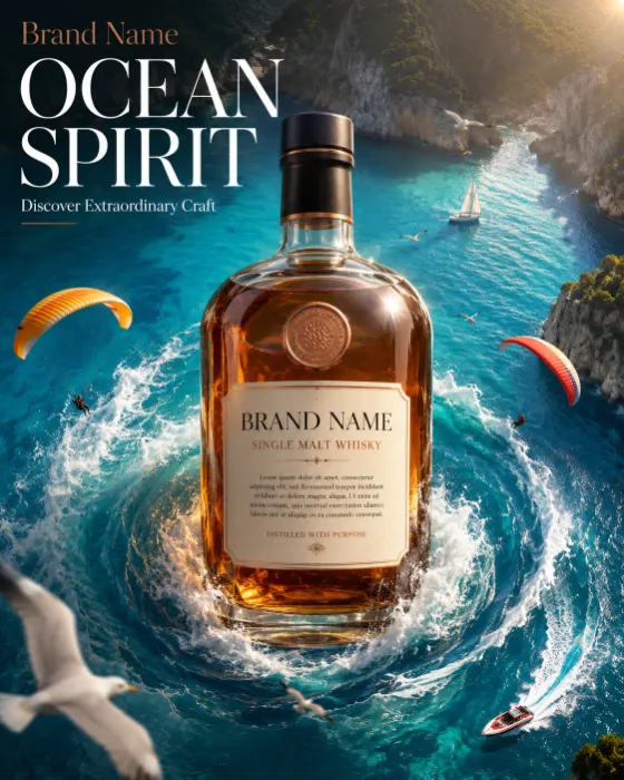 Giant luxury whisky bottle emerging from ocean vortex with speedboats and coastal cliffs.