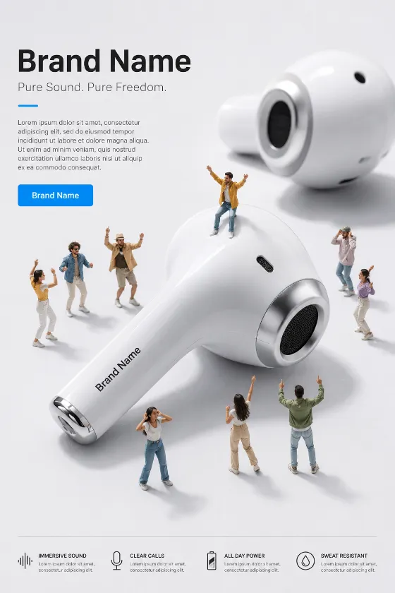 A pair of large white earbuds in a studio with miniature people celebrating around them.