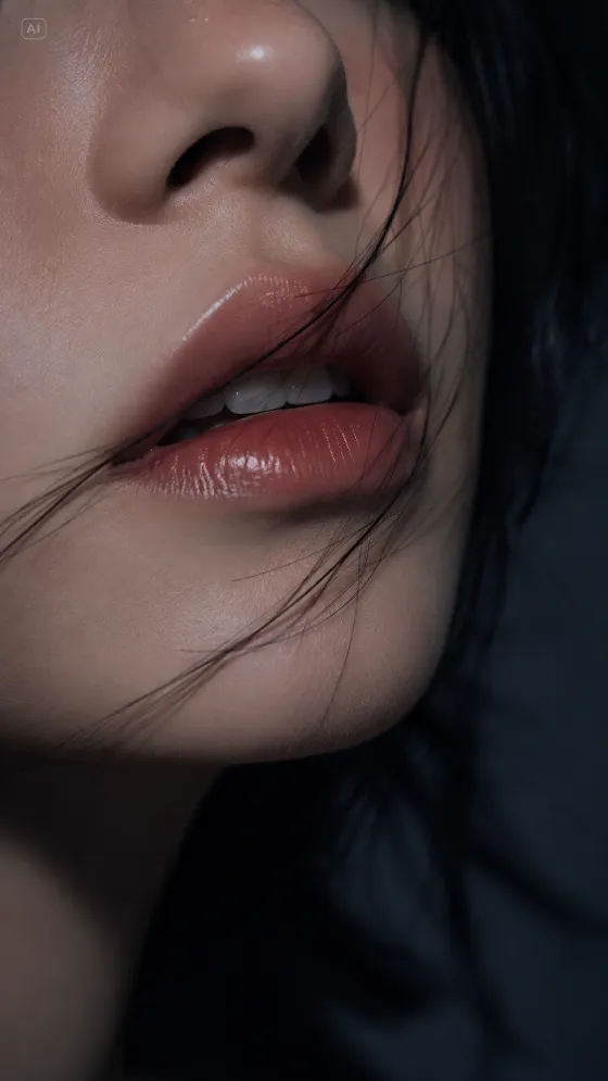 Realistic vertical macro close-up of a human nose and glossy slightly parted lips with a loose dark hair strand.