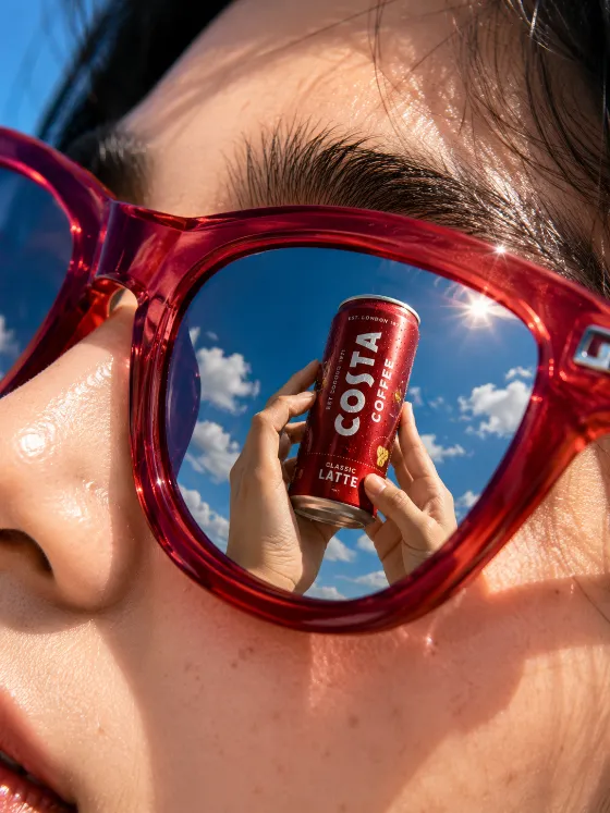 Extreme close-up portrait with glossy red sunglasses reflecting a beverage held against a blue sky.