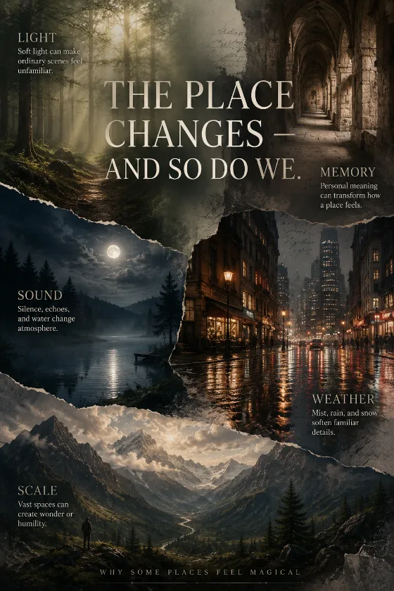 Atmospheric educational collage with five environments, torn photo edges, translucent overlays, poetic typography, and themes of light, scale, sound, weather, and memory.