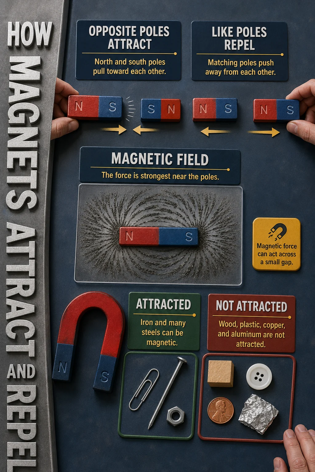 Educational magnetism poster with bar magnets, a horseshoe magnet, tested materials, and iron filings showing magnetic field patterns.